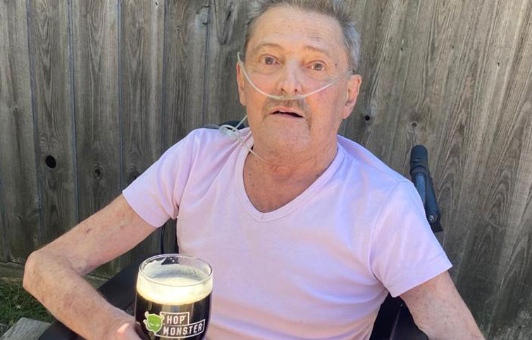 Image: Roger visiting the pub with St Helena Hospice carers